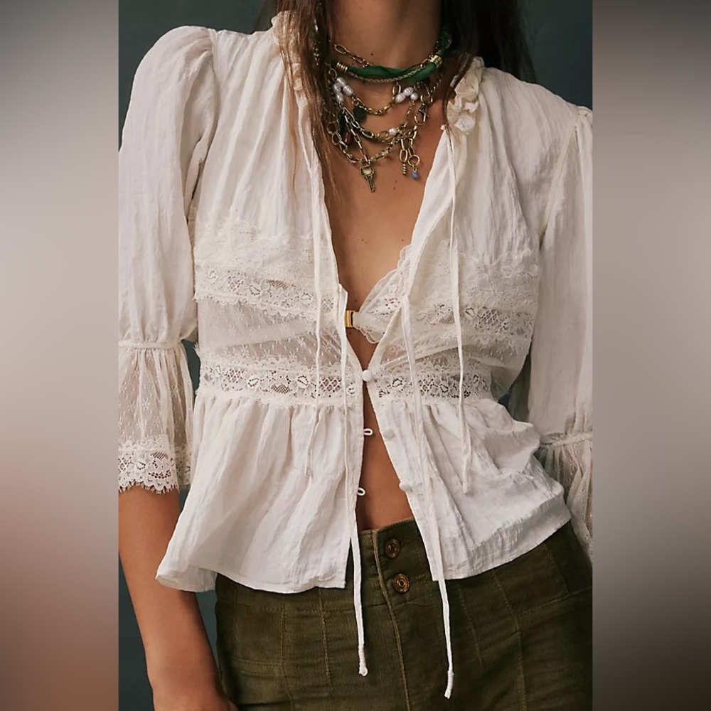 Free People Ivory Lace-Trim Peasant Blouse
